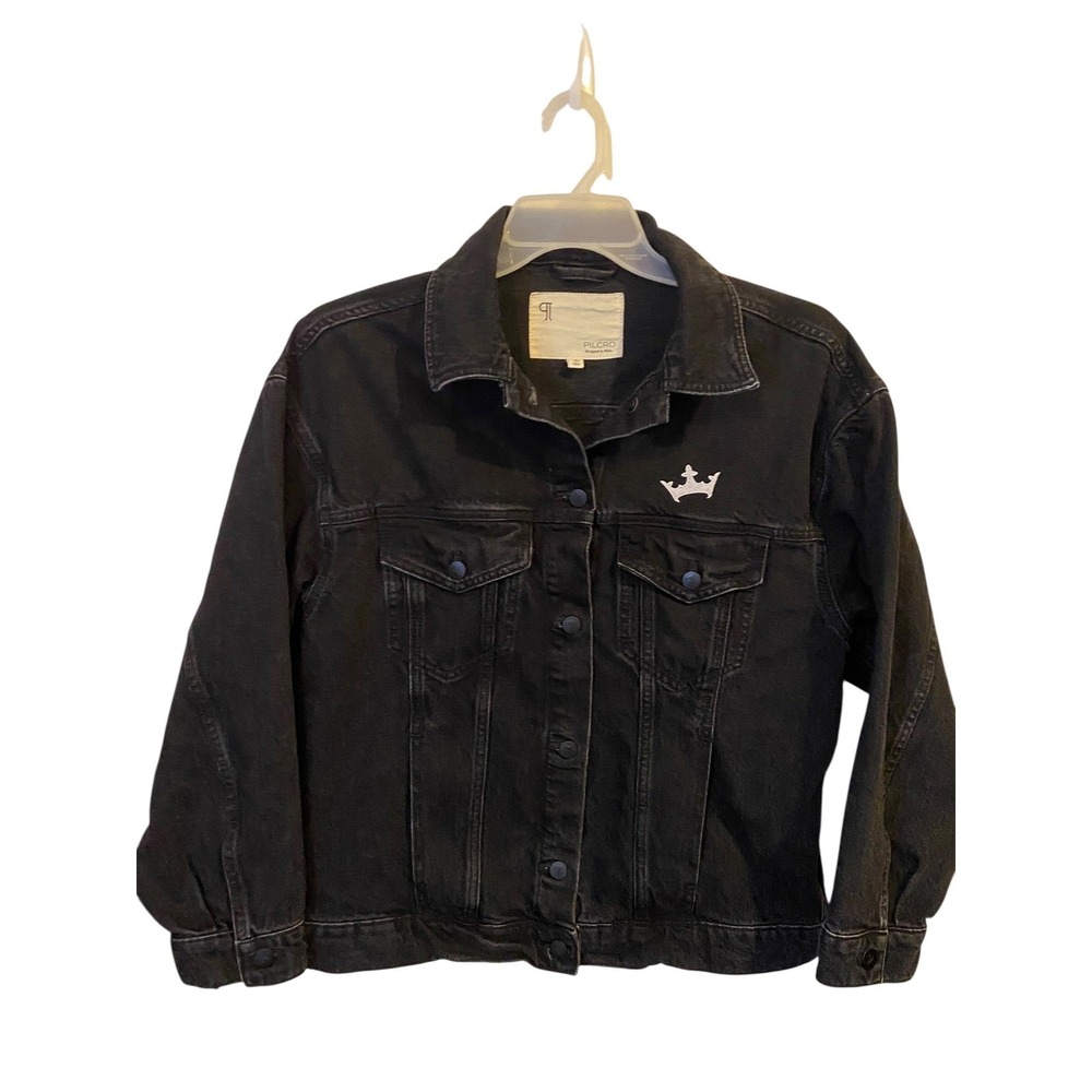 Pilcro Anthropologie Women's Black Denim Trucker Jacket Crown Embroidery Small